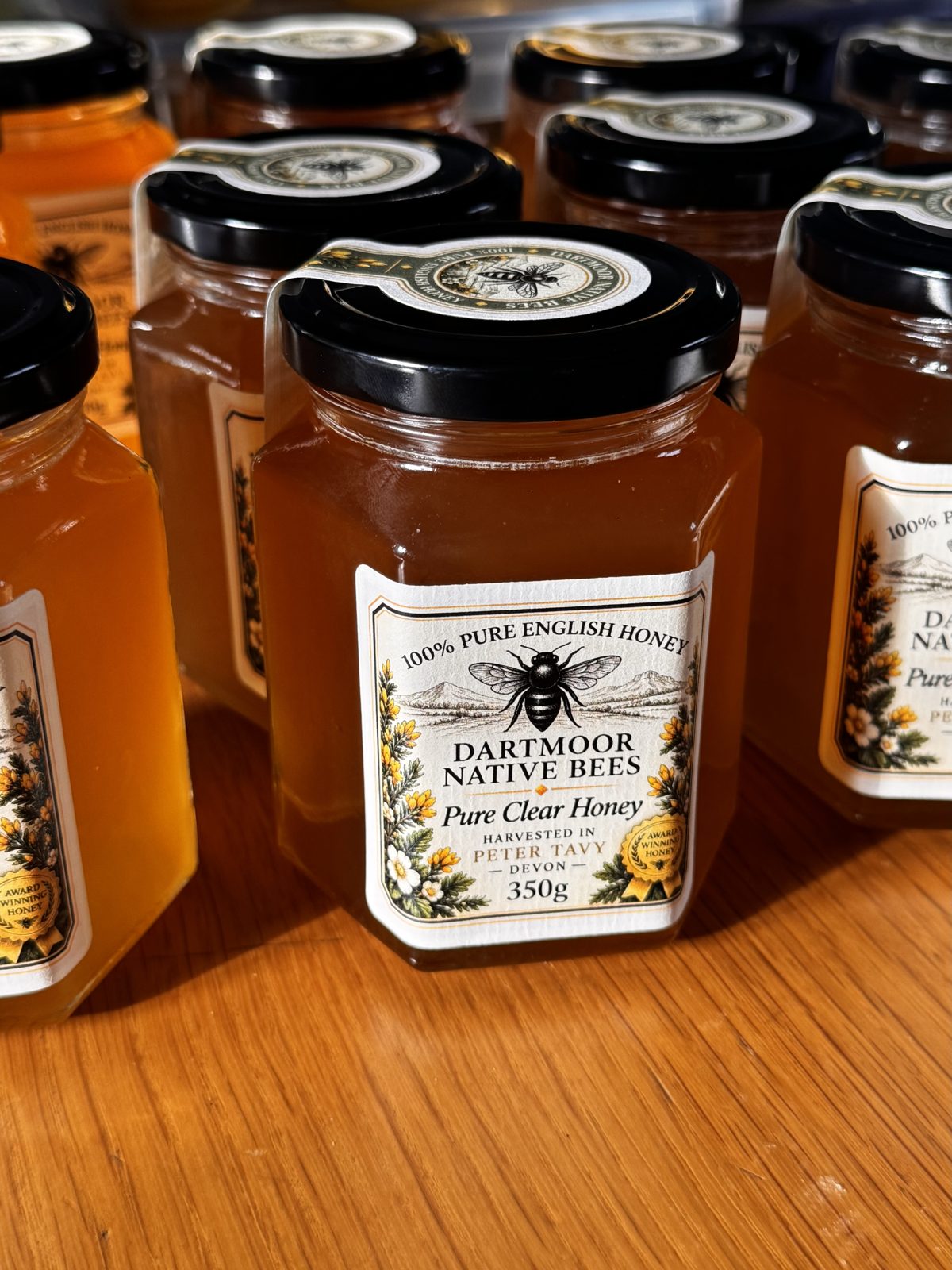 Jars of Pure Clear Honey from Peter Tavy, filled and labelled by hand